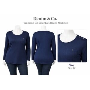 Denim & Co Womens 3X Essentials Round Neck Tee Navy Blue Long Sleeve Pocket Top